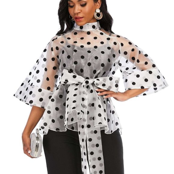 White Boho Womens Polka Dot Belted Organza Top - Picture 4 of 5